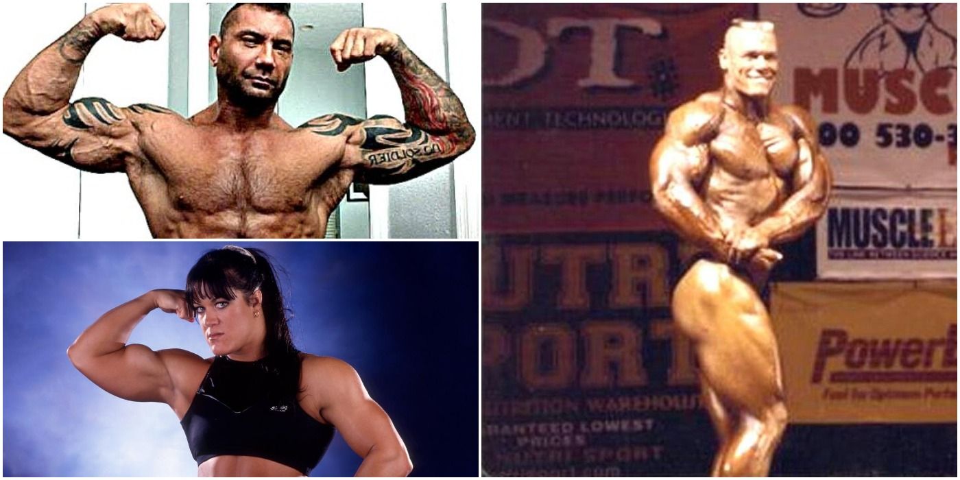 Batista and Chyna flexing and John Cena at a bodybuilding competition