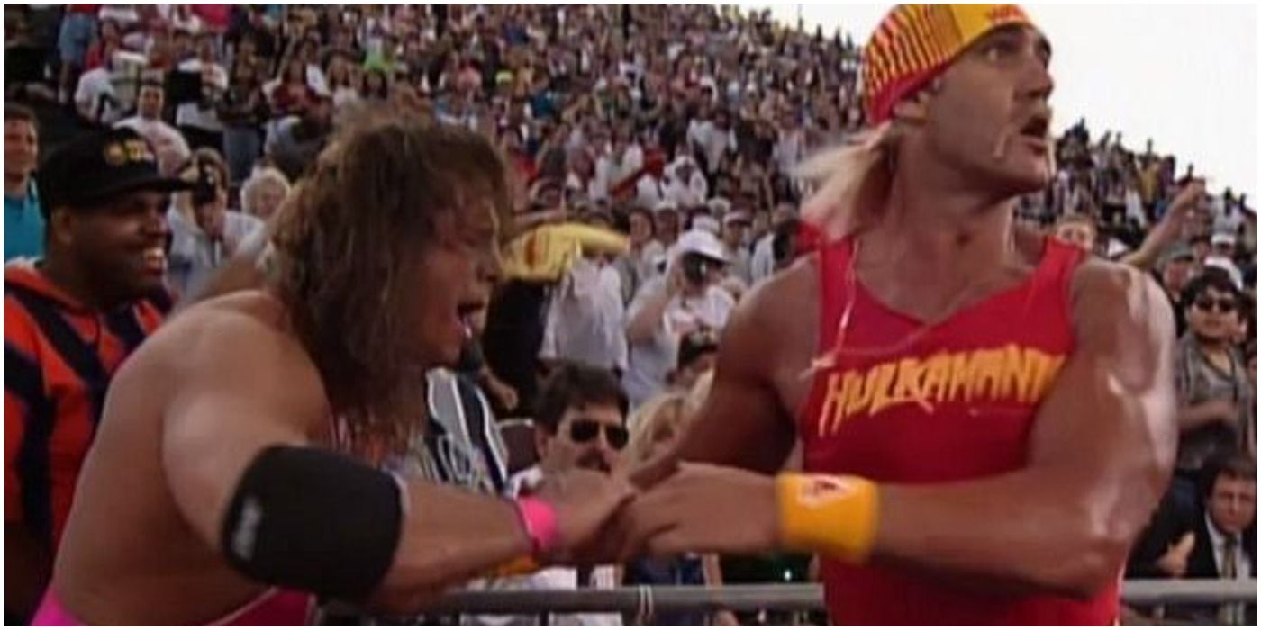 Hulk Hogan and Bret Hart at the end of WrestleMania IX