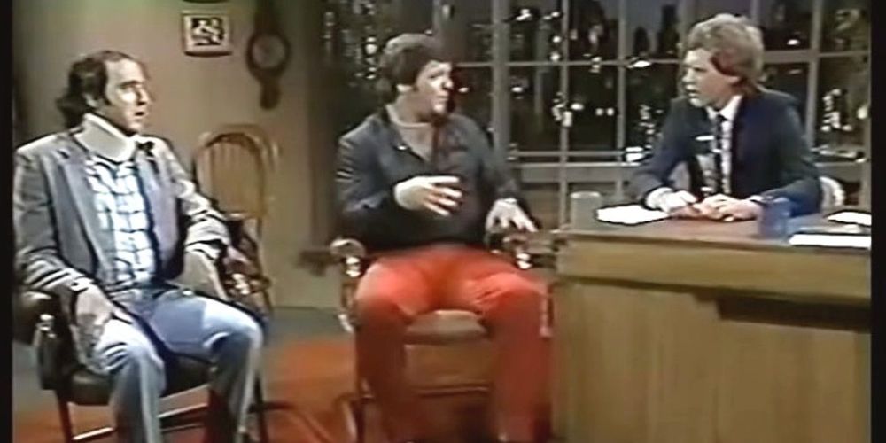 Comedian Andy Kaufman and WWE's Jerry 'the King' Lawler on the Late Show with David Letterman