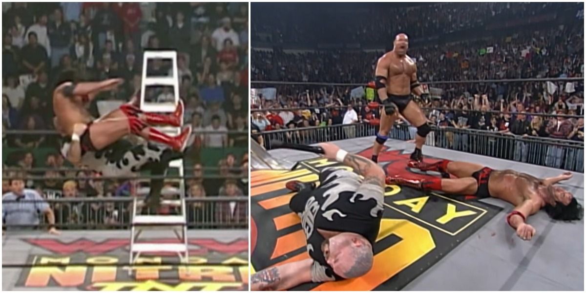 A photo of Goldberg looking down on Scott Hall and Bam Bam Bigelow prone on the mat. 