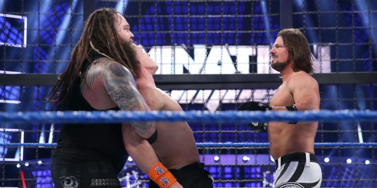 Bray Wyatt v John Cena v AJ Styles v Dean Ambrose v The Miz v Baron Corbin Elimination Chamber 2017 Cropped