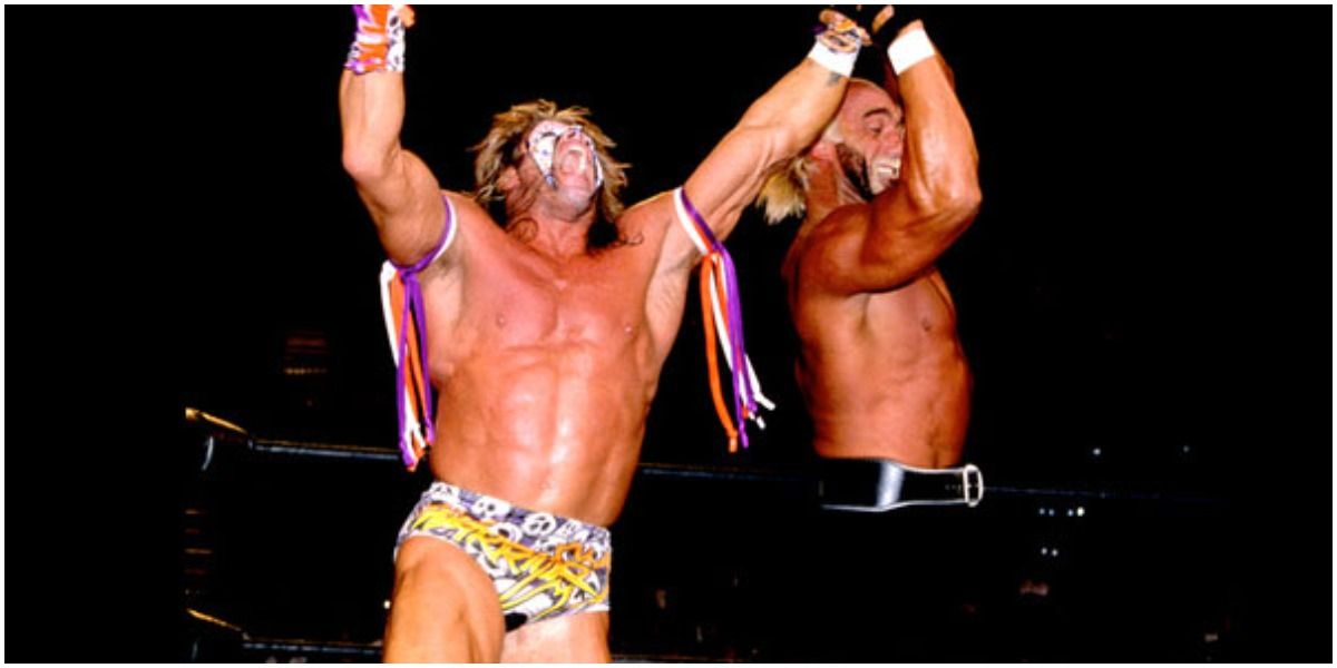 The Ultimate Warrior in ring against Hulk Hogan WCW