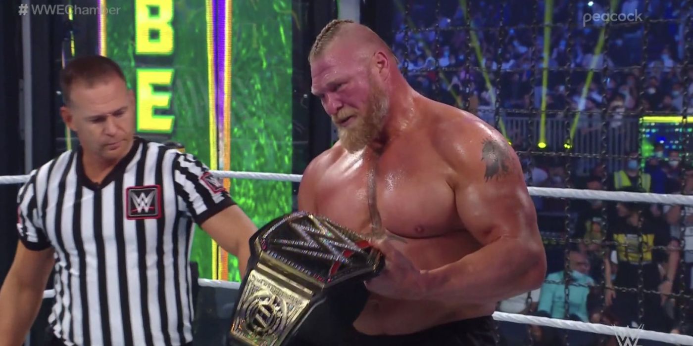 Brock Lesnar wins the WWE Championship at Elimination Chamber 2022 in Saudi Arabia