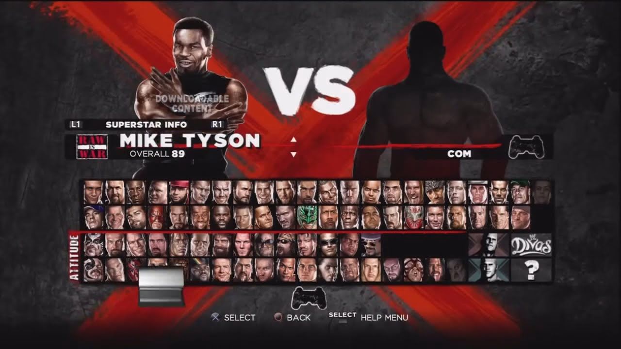 WWE '13 Character Select screen featuring Mike Tyson