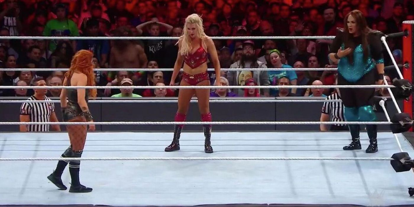 Becky Lynch facing off with Charlotte Flair and Nia Jax in Royal Rumble 2019