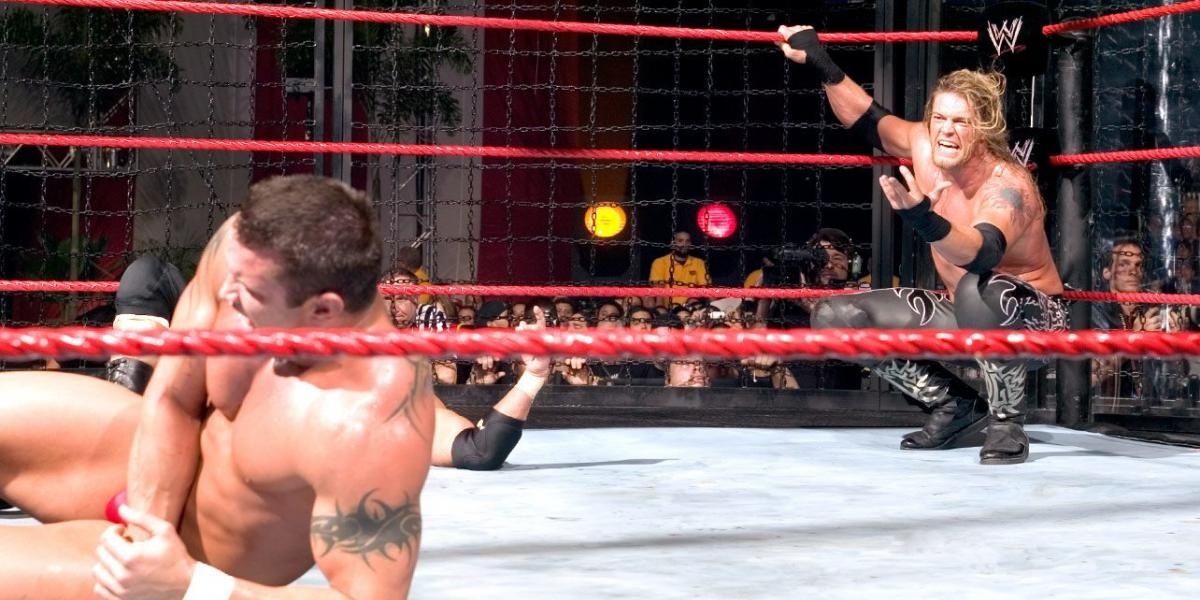 Edge v Chris Benoit v Triple H v Randy Orton v Batista v Chris Jericho New Year's Revolution 2005 Cropped