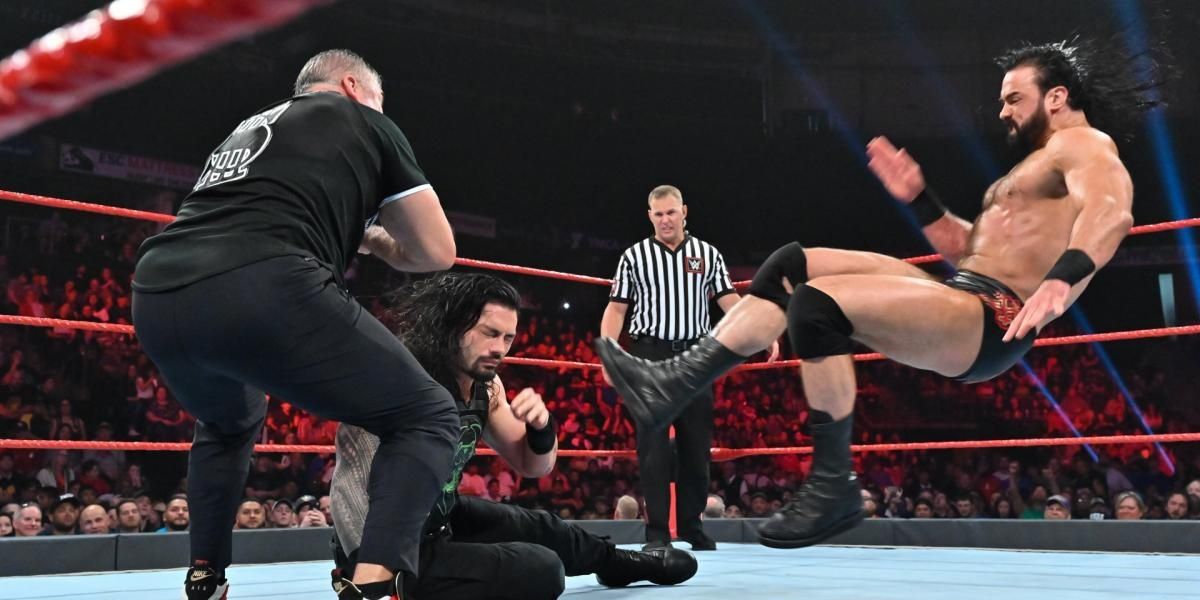 Shane McMahon & Drew McIntyre v Roman Reigns Raw June 24, 2019 Cropped