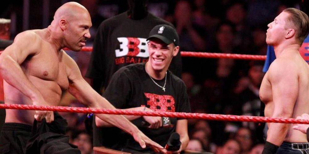 Lonzo and his father LaVar Ball on Monday Night Raw during a segment with The Miz