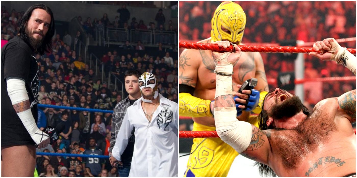 CM Punk, a young Dominik Mysterio and Rey Mysterio in WWE