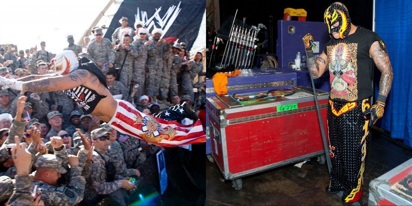 split-screen-rey-mysterio-jumpinh-into-crowd-of-troops-rey-mysterio-quick-workout-backstage