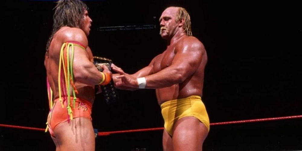 Hulk Hogan Hands Ultimate Warrior The WWE Champoinship WrestleMania 6