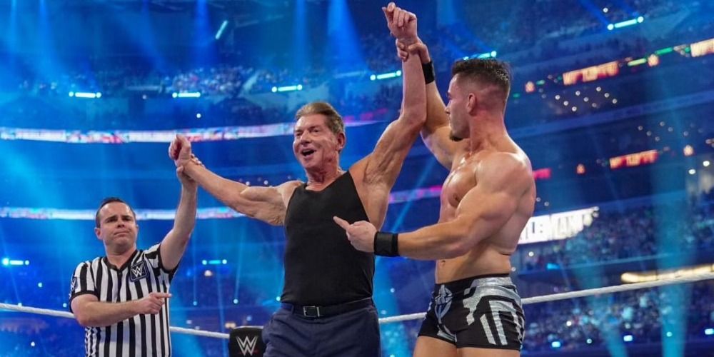 Vince McMahon And Austin Theory Celebrate WrestleMania 38