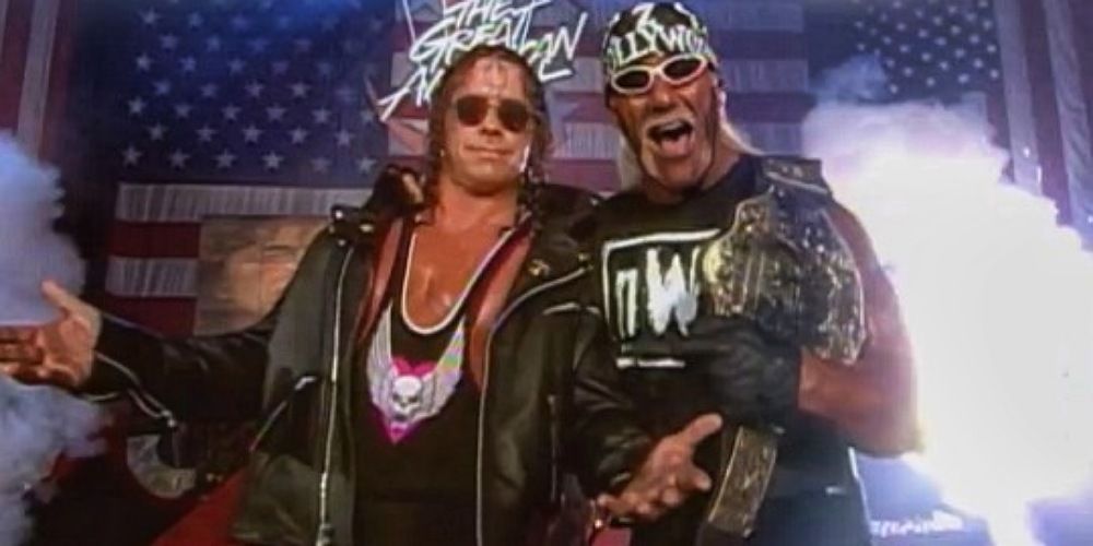 Bret Hart and Hollywood Hogan making their entrance together. 