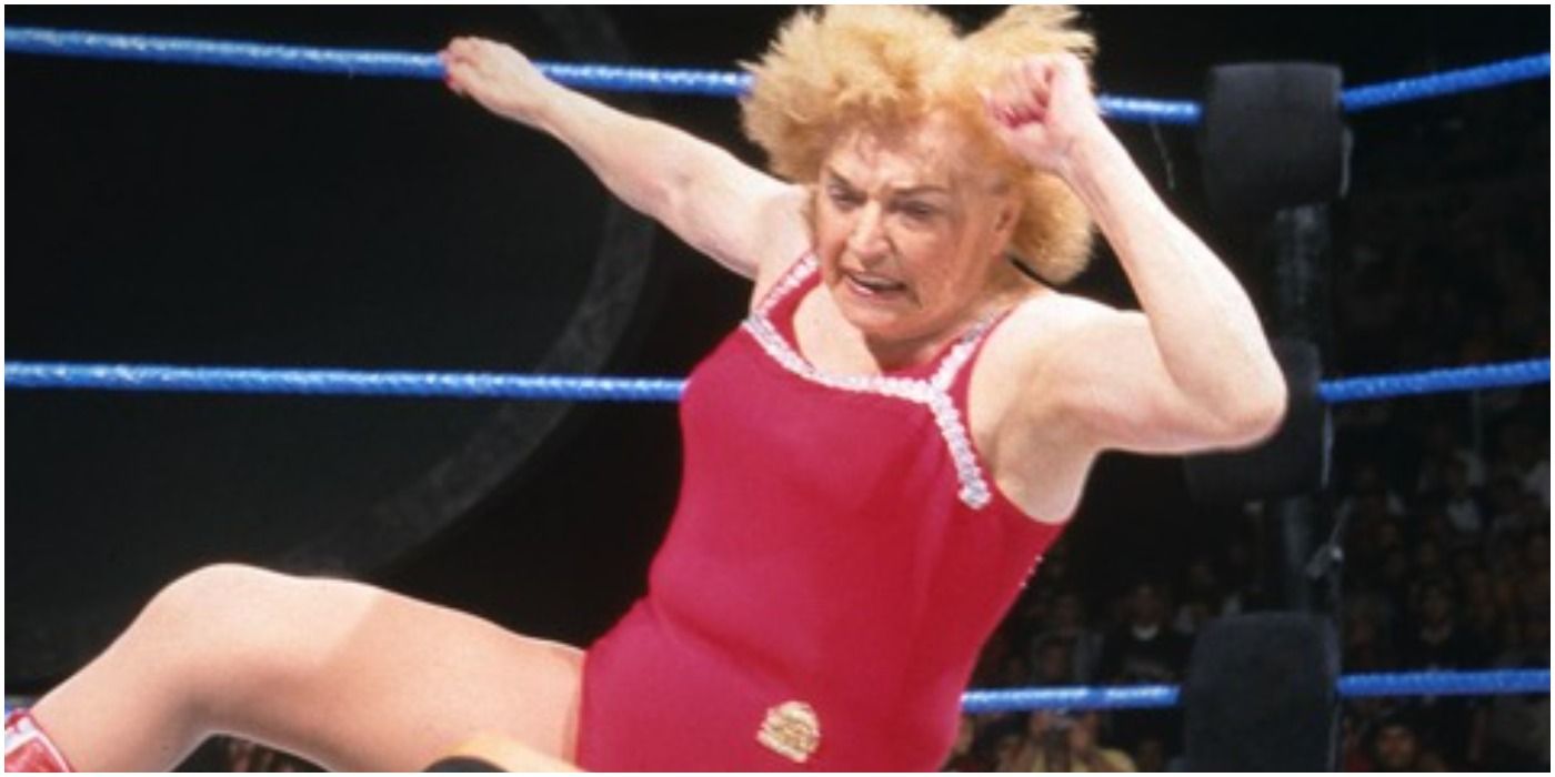 Mae Young Performing An Elbow Drop