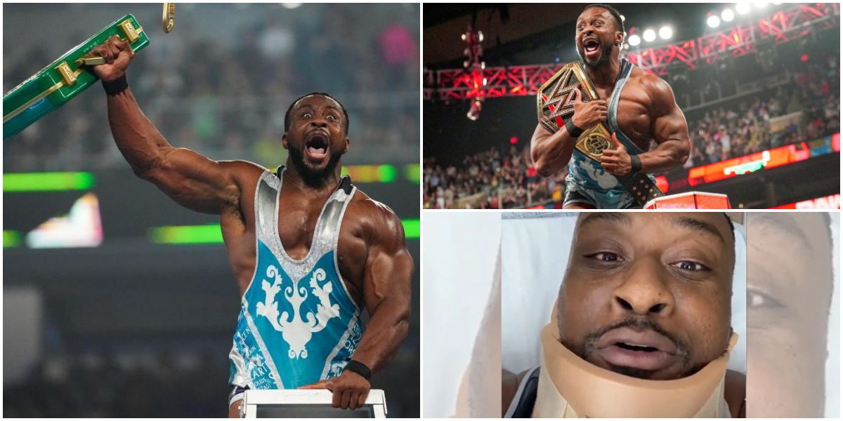 Big E as Mr. MITB, WWE Champion and with an injured neck