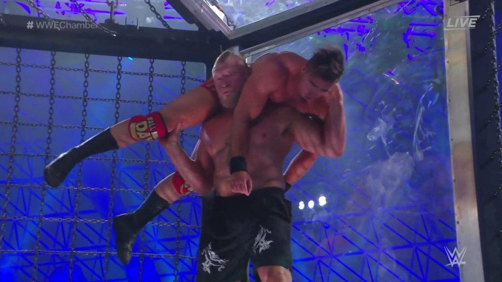 Brock Lesnar hits F5 on Austin Theory WWE Elimination Chamber 2022