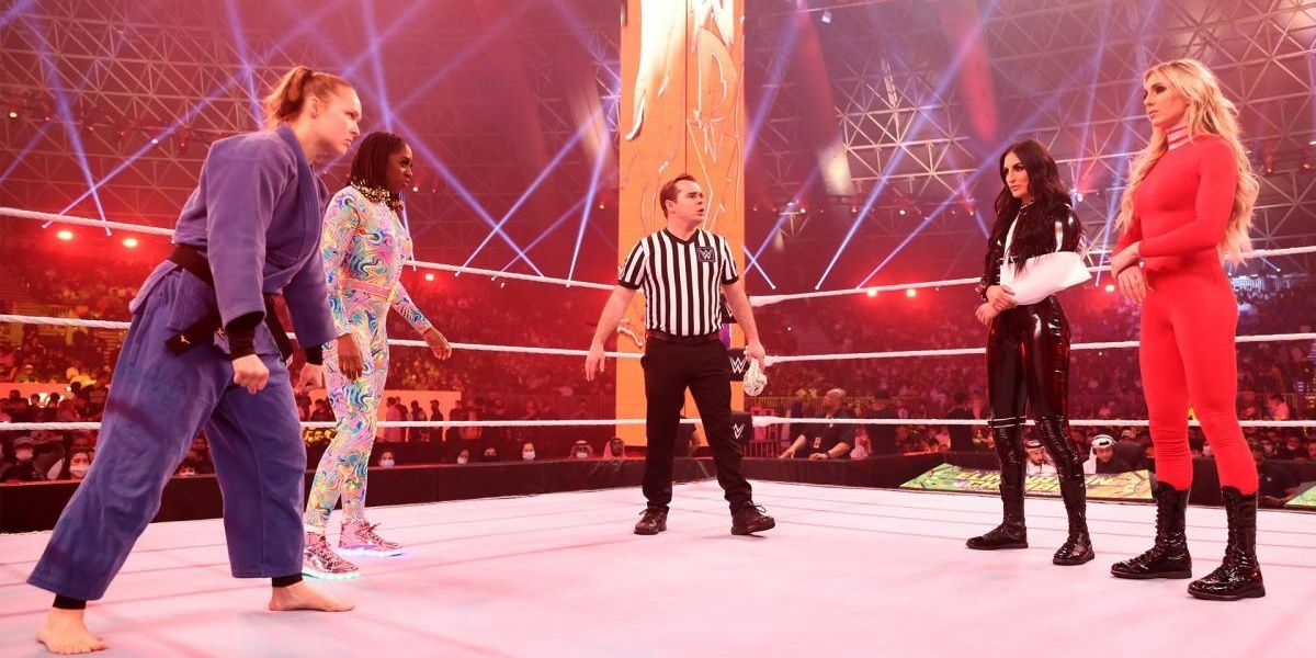 Ronda Rousey & Naomi v Charlotte Flair & Sonya Deville Elimination Chamber 2022 Cropped