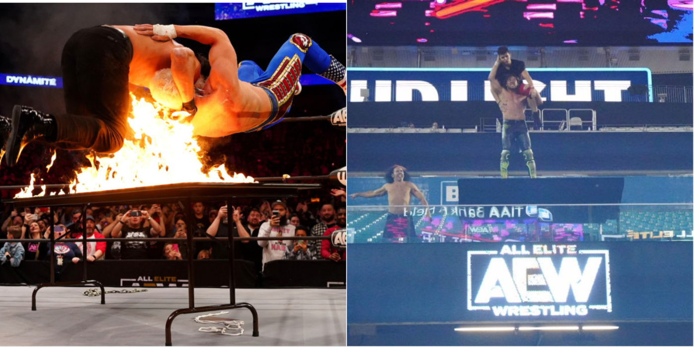 Cody and Andrade flaming table spot and Kenny Omega One-Winged Angel spot Sammy Guevara All Elite Wrestling