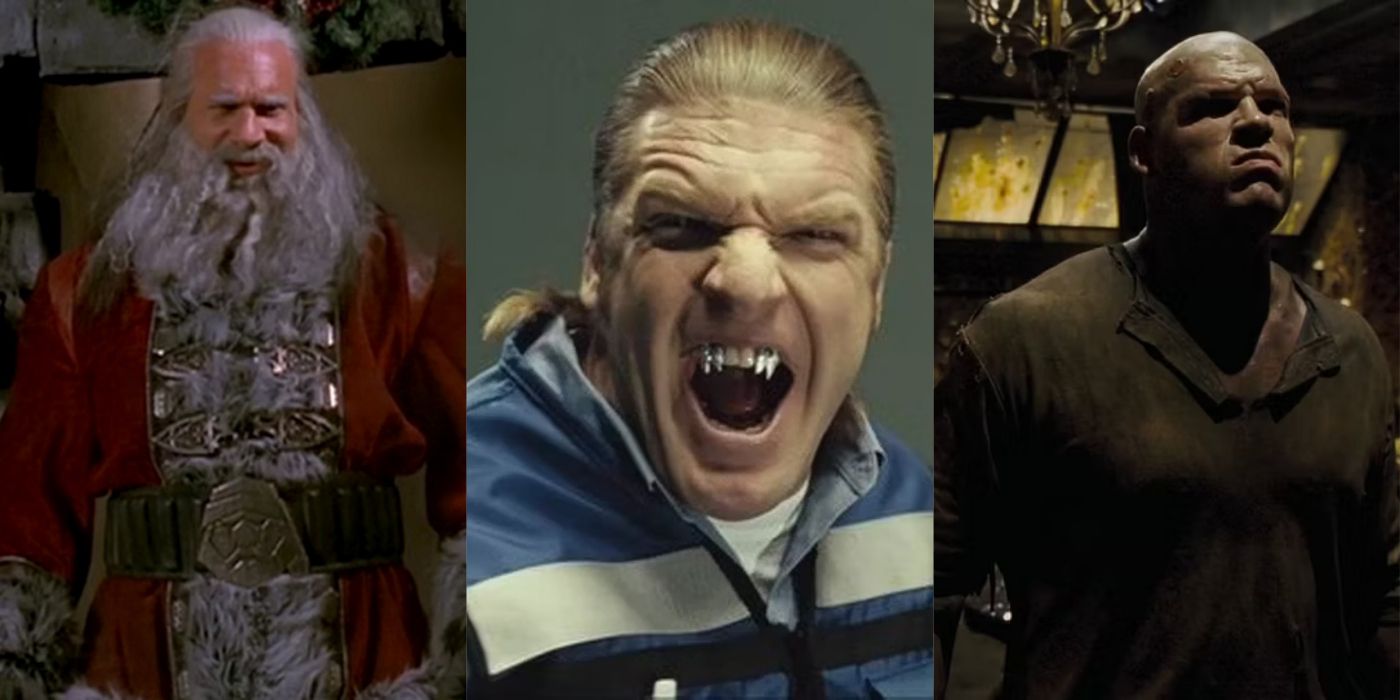 A split screen of Goldberg, Triple H and Kane in horror movies