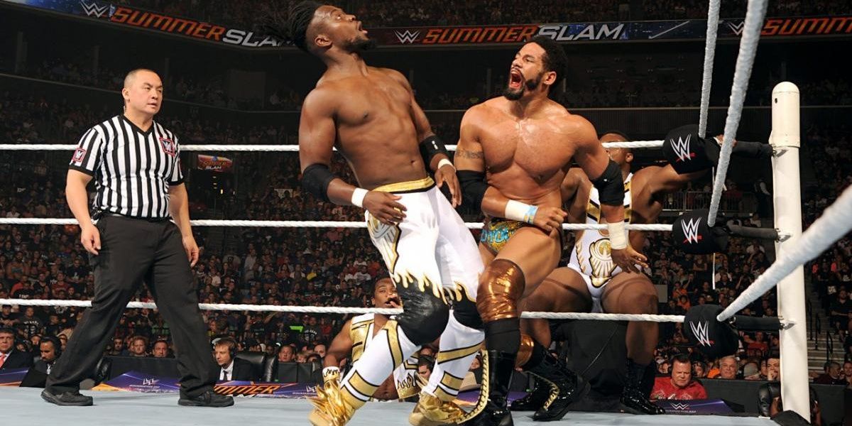 The Prime Time Players v The New Day v The Lucha Dragons v Los Matadores SummerSlam 2015 Cropped