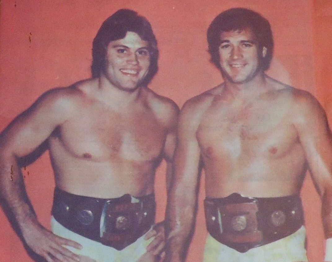 Greg Gagne and Jim Brunzell with the AWA World Tag Team Championship