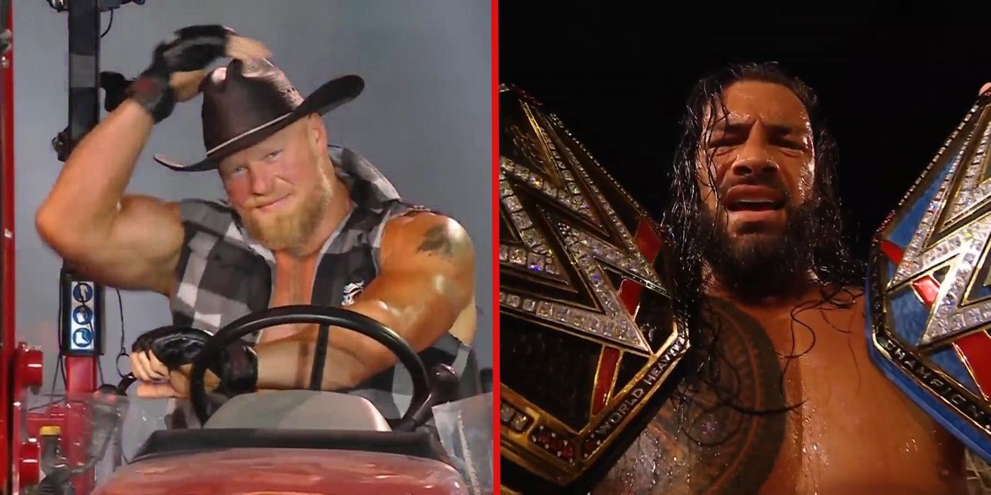 Roman Reigns and Brock Lesnar (on a tractor) at SummerSlam 2022