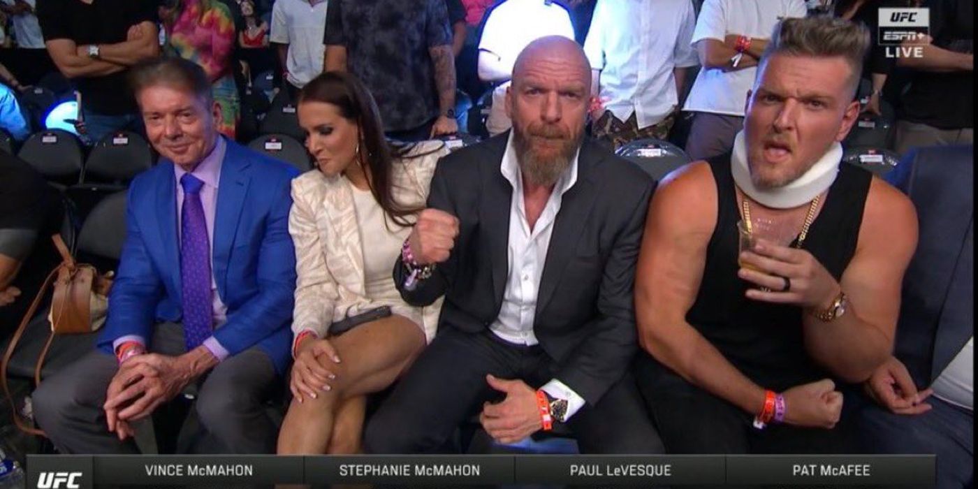 WWE's Vince McMahon, Stephanie McMahon, Triple H, and Pat McAfee at UFC 276