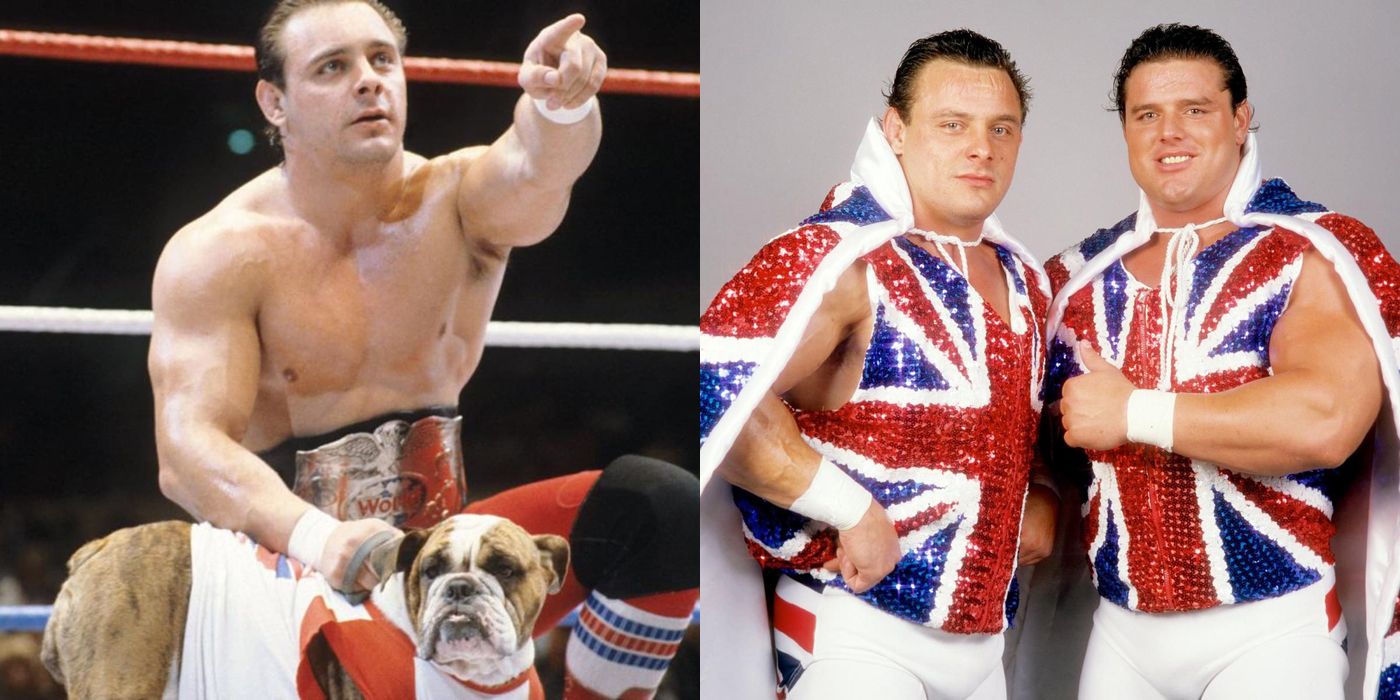 A split screen of Dynamite Kid and the British Bulldogs