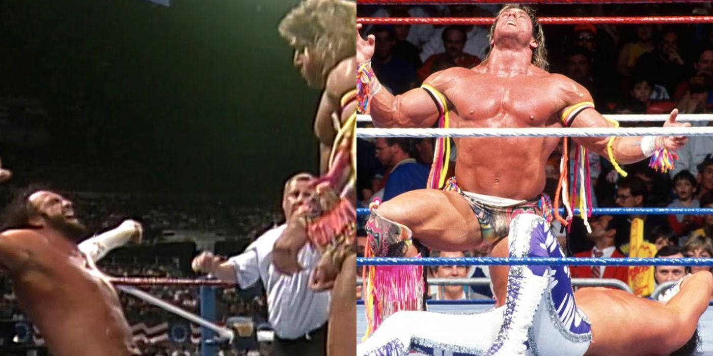 A split screen of Ultimate Warrior vs Randy Savage
