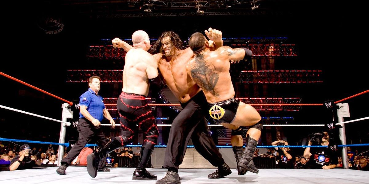 Batista v The Great Khali v Kane The Great American Bash 2007 Cropped