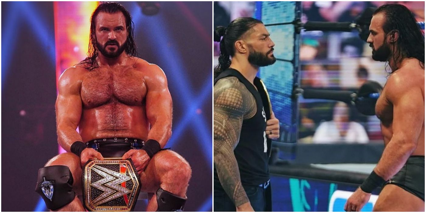 Drew McIntyre as WWE Champion and with Roman Reigns
