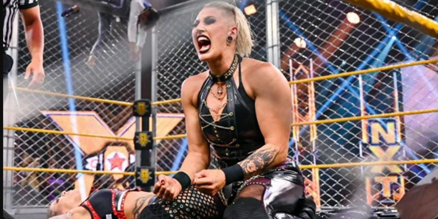 Rhea Ripley after defeating Mercedes Martinez in a steel cage match