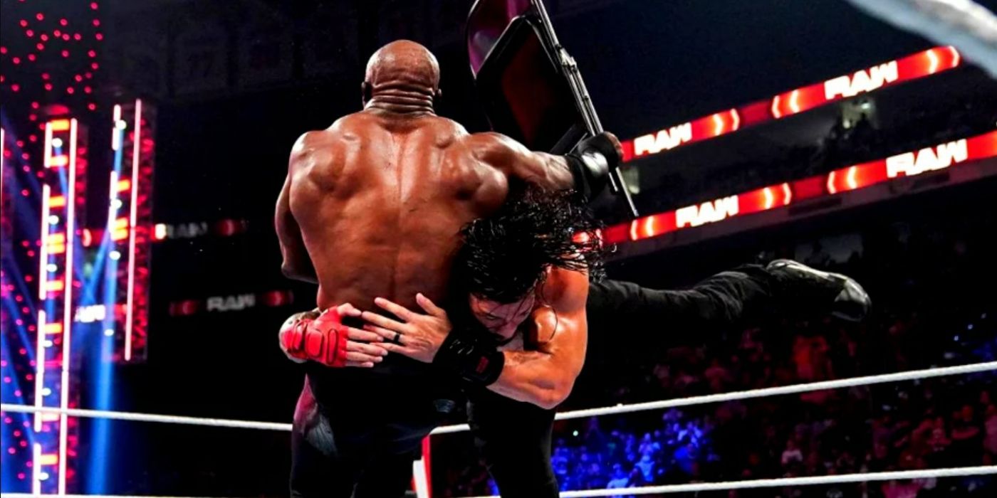 Roman Reigns spearing Bobby Lashley on Raw