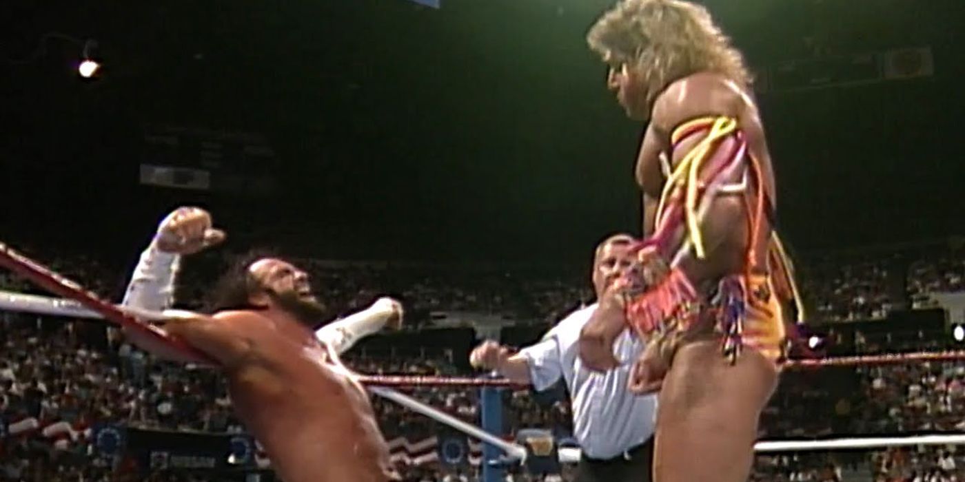 Ultimate Warrior has Randy Savage in the ropes
