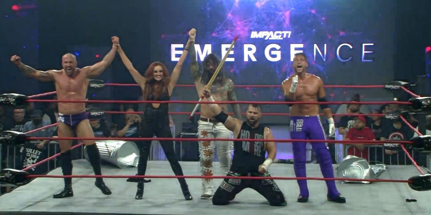 Honor No More standing in the ring after beating Bullet Club at Impact Wrestling Emergence 2022