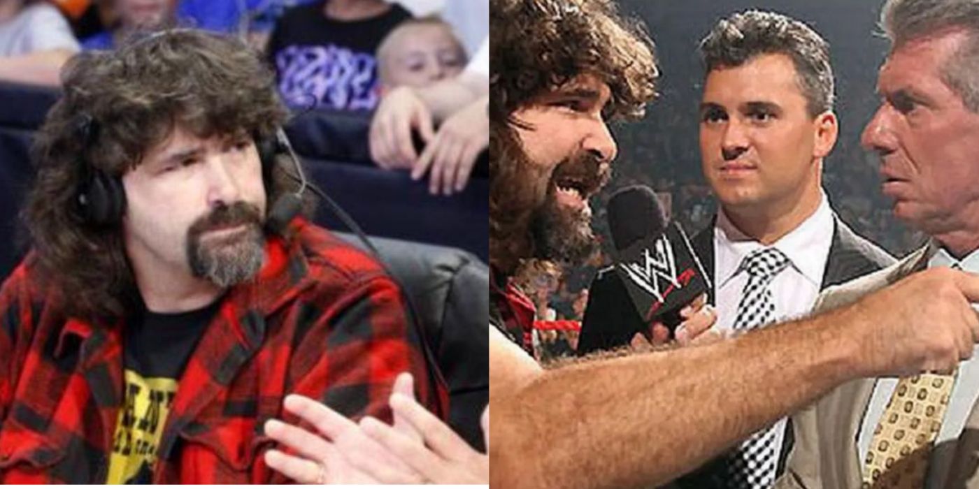 A split screen of Mick Foley and Mr. McMahon.