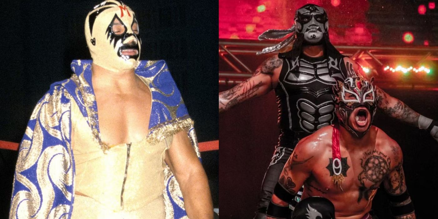 A split screen of lucha wrestlers in masks.