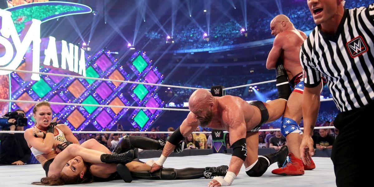 Kurt Angle and Ronda Rousey v Triple H and Stephanie McMahon WrestleMania 34 Cropped