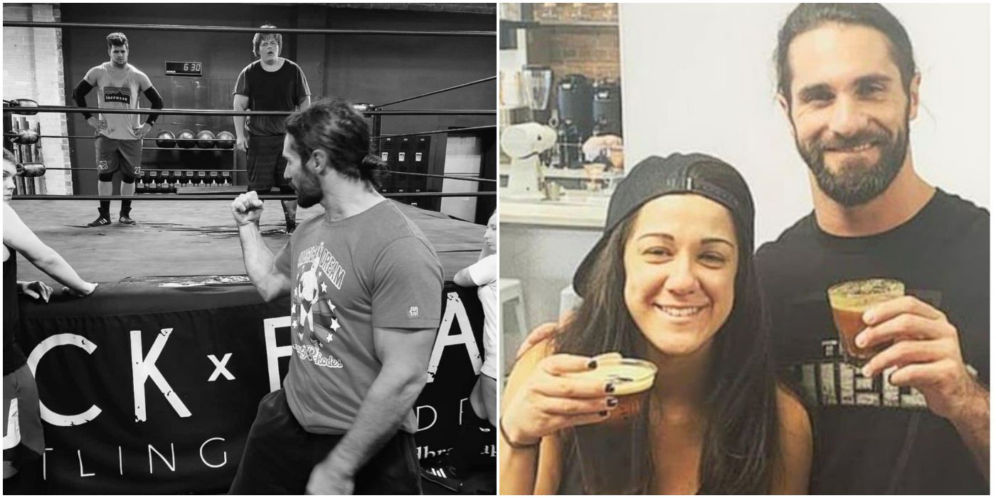 Seth Rollins in his wrestling school and drinking coffee with Bayley