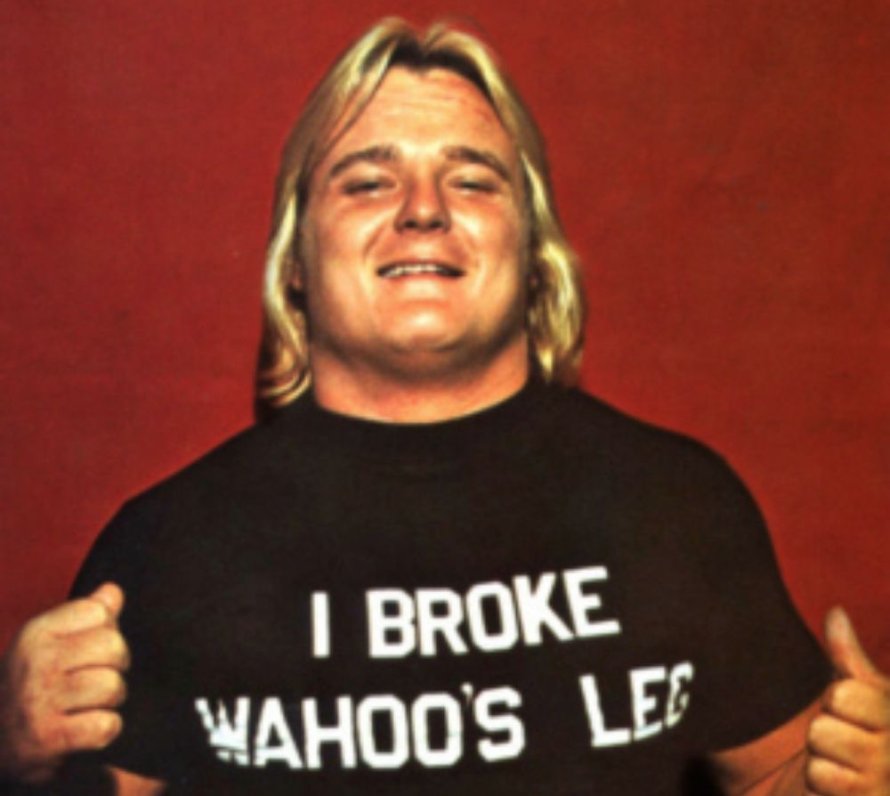 Greg Valentine with his infamous "I Broke Wahoo's Leg" shirt