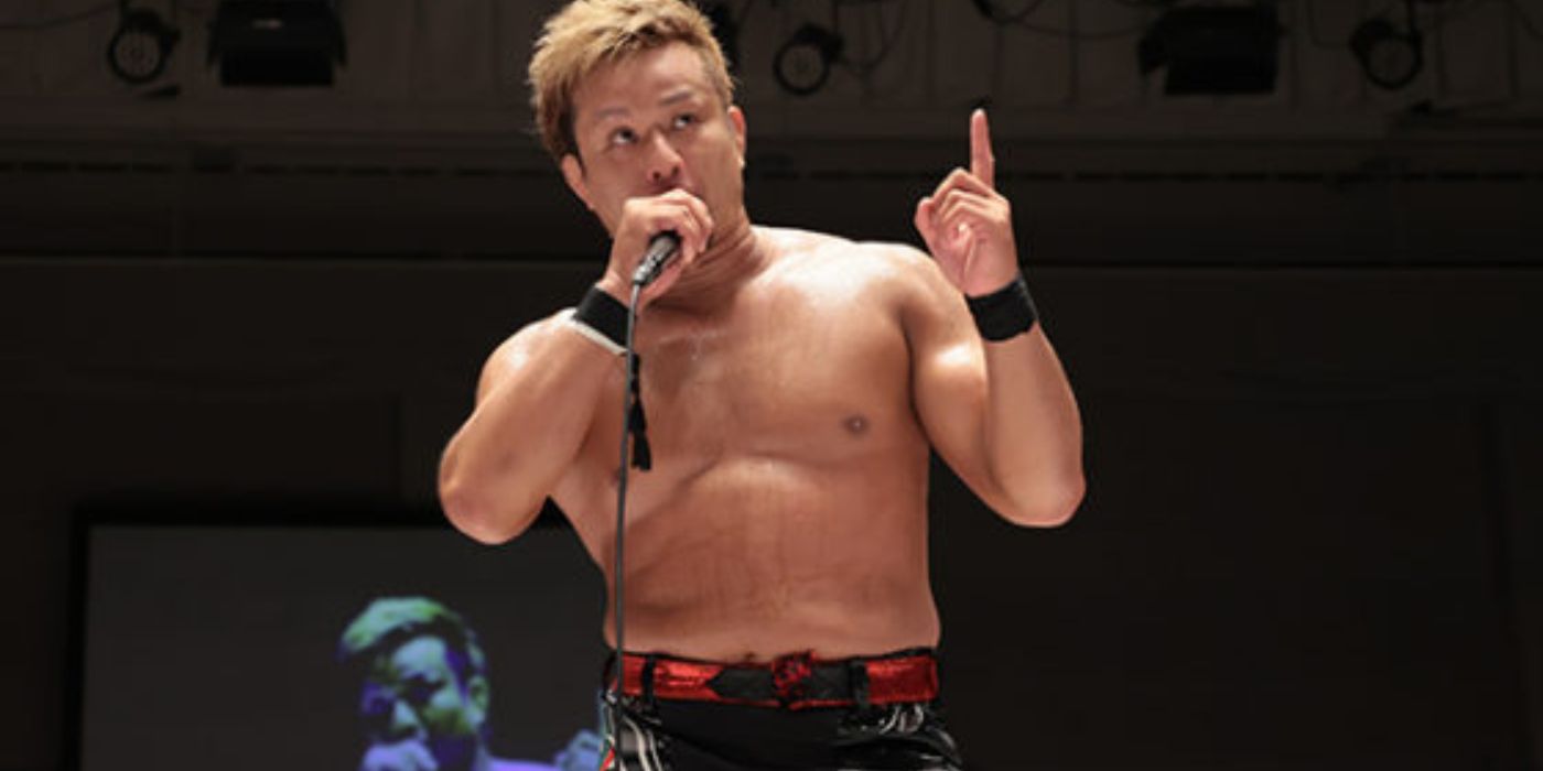 YOSHI-HASHI cutting a promo in a NJPW ring