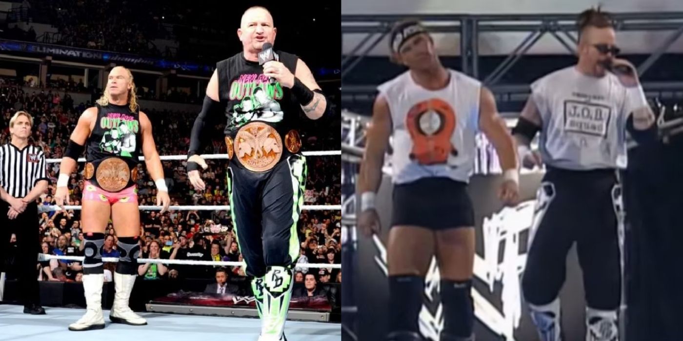 A split screen of New Age Outlaws