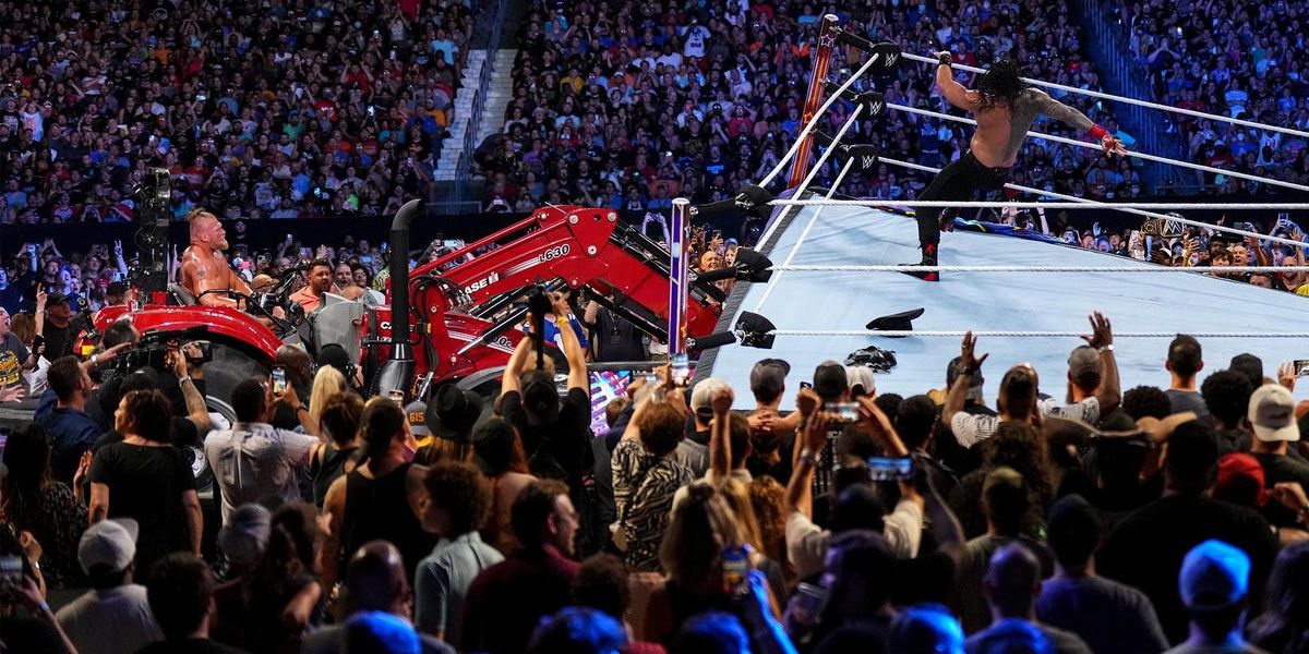 Brock Lesnar moves the ring with a forklift 