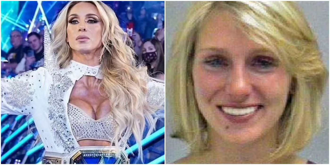 Charlotte FLair in WWE and her mugshot
