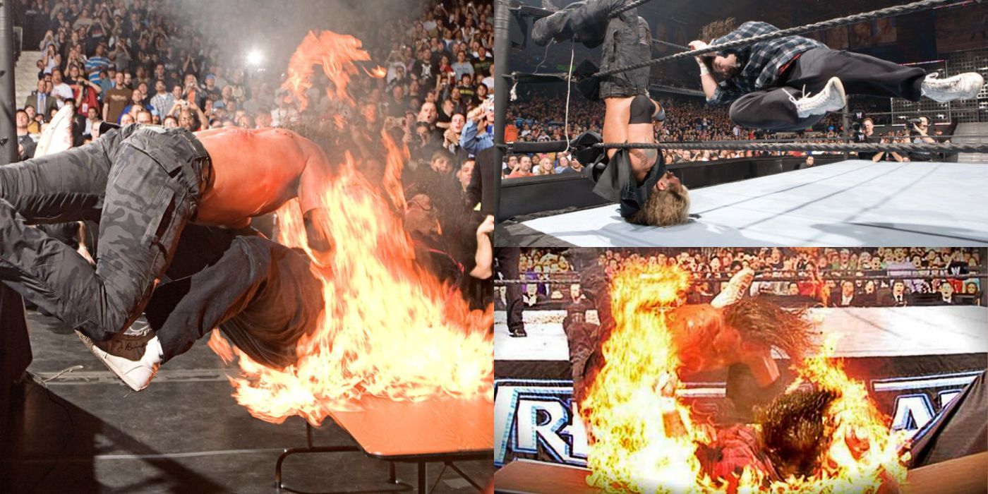 Edge Spears Mick Foley WrestleMania 22 Flaming Table