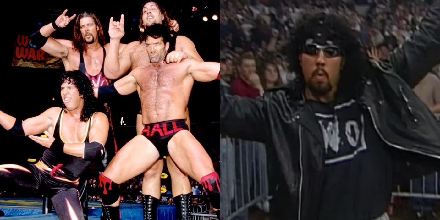 A split screen of Syxx and the nWo.