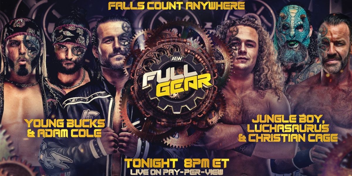Christian Cage, Jungle Boy & Luchasauras v Adam Cole & The Young Bucks AEW Full Gear 2021 Cropped