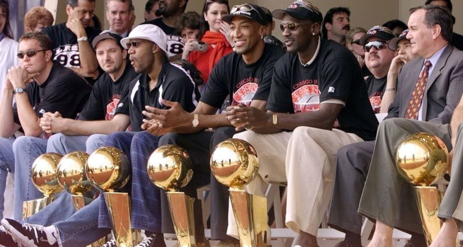Bulls with NBA trophies