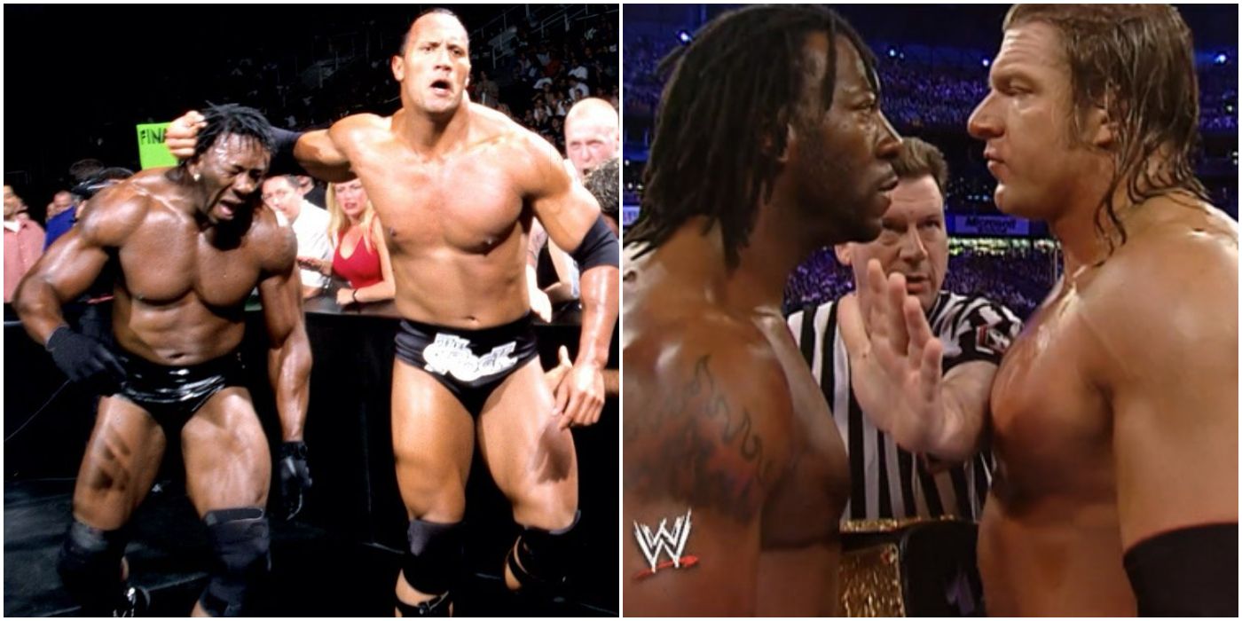 Pictures of Booker T taking on The Rock and Triple H