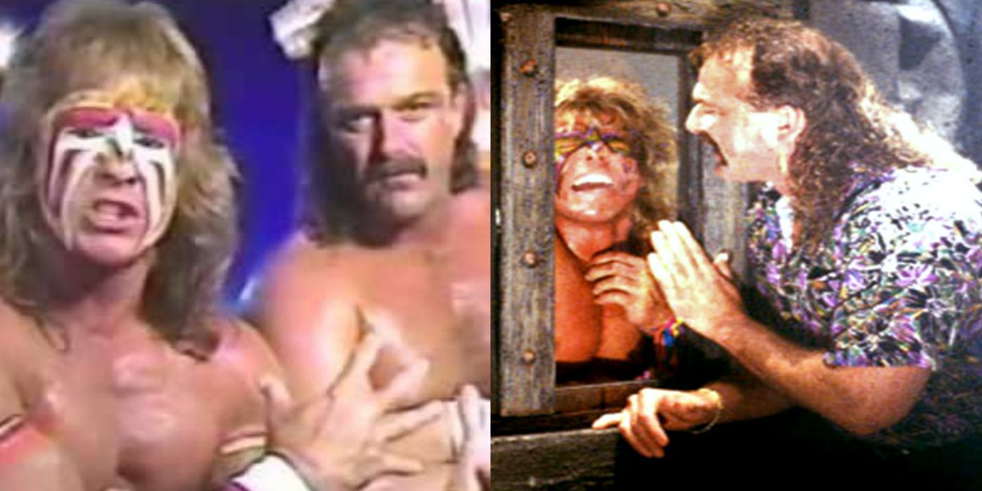 A split screen of Jake Roberts and Ultimate Warrior